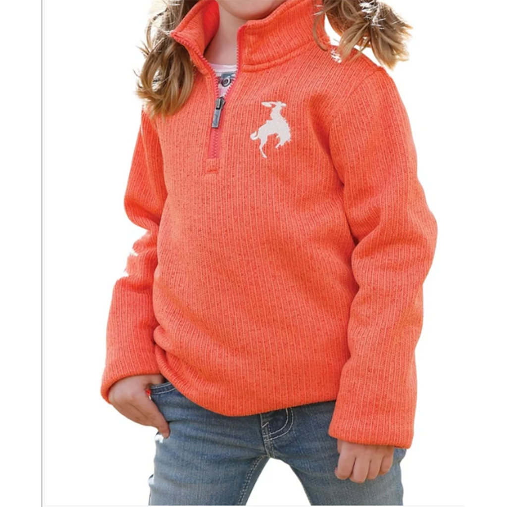 Coral Mock Neck pull over sweater with bucking horse on left chest side 