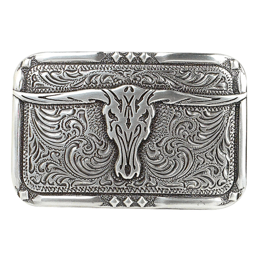 Crumrine Longhorn Skull Buckle with engraved longhorn skull motif and Western detailing on white background.