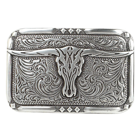 Crumrine Longhorn Skull Buckle with engraved longhorn skull motif and Western detailing on white background.