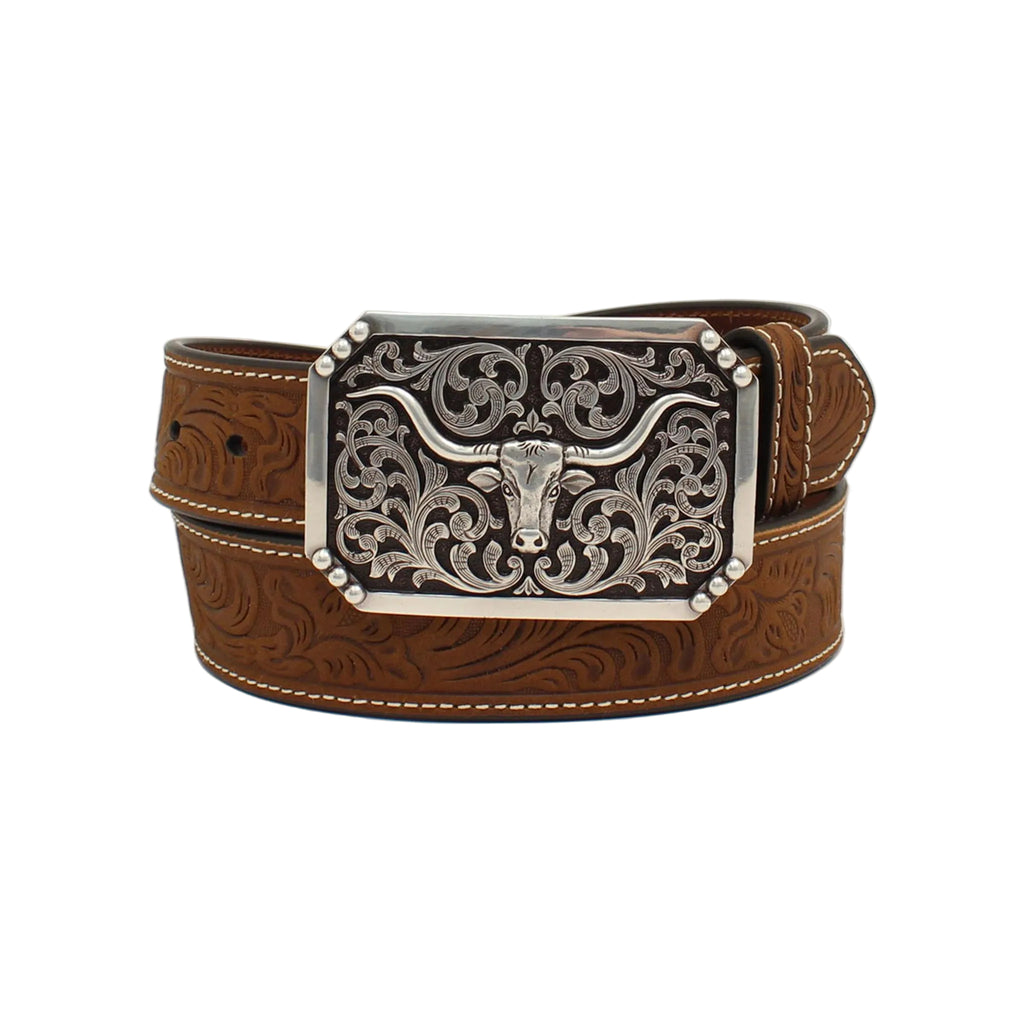 3D Men's Floral Tooled Longhorn Embossed Buckle Brown Belt