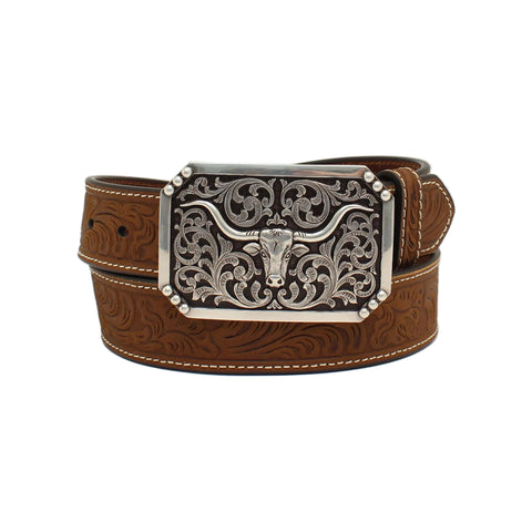 3D Men's Floral Tooled Longhorn Embossed Buckle Brown Belt