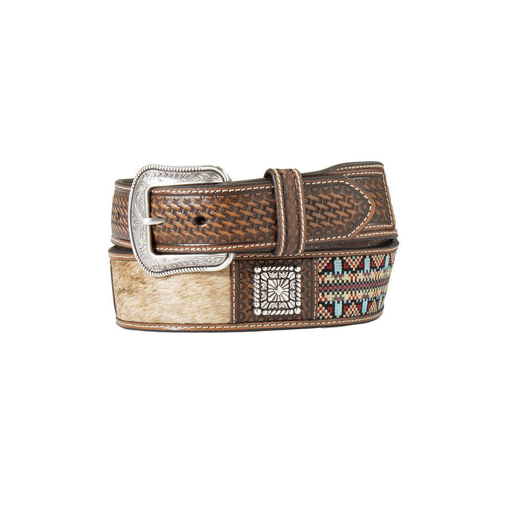 Coiled up view of Aztec hide men's belt. 