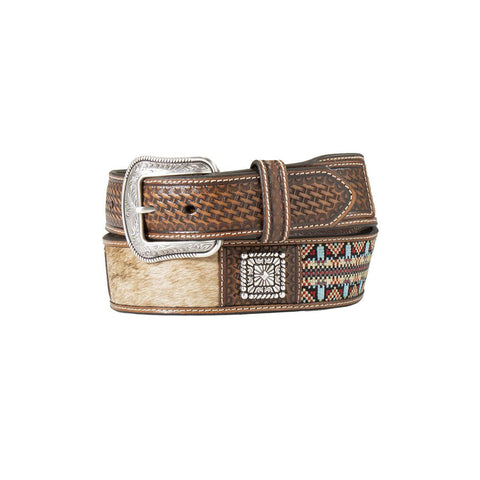 Coiled up view of Aztec hide men's belt. 