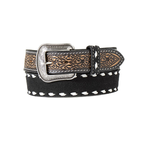 3-D Men's Black Rough Out Belt with White Bucklace Stitching & Floral Tooled Tabs