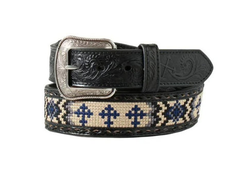 Front view of black belt with blue Aztec design throughout the center. Includes silver buckle with vintage design elements. 