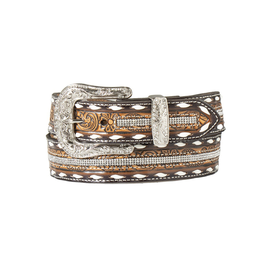 Womens Floral Embossed Crystal Enlay Belt