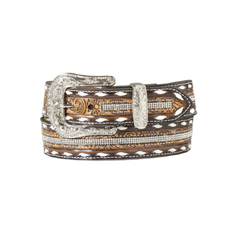 Womens Floral Embossed Crystal Enlay Belt
