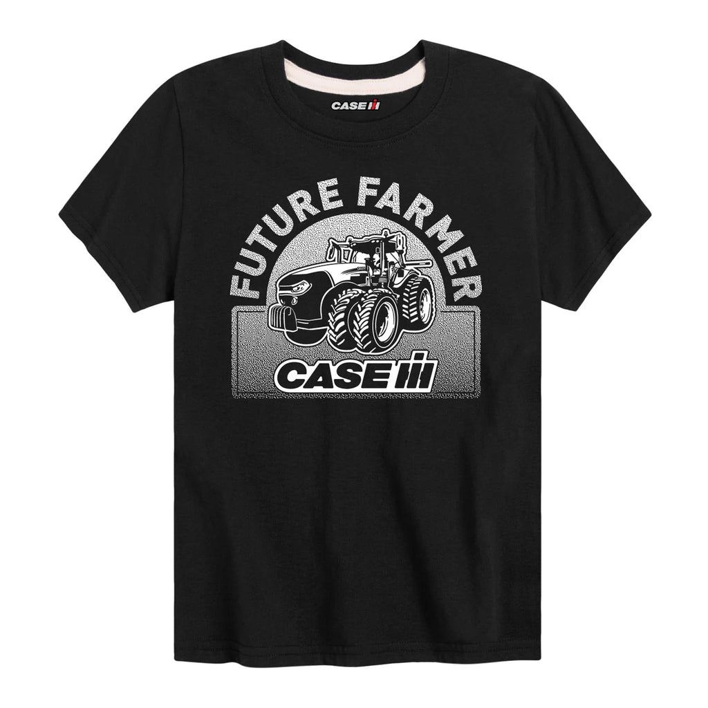 Black t-shirt with 'Future Farmer' and Case IH tractor graphic on a white background