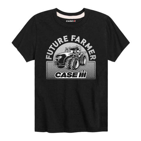 Black t-shirt with 'Future Farmer' and Case IH tractor graphic on a white background