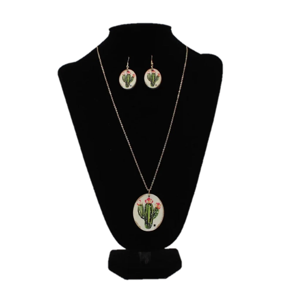 Full view of Wood Blooming Flower Cactus Earring & Necklace Set