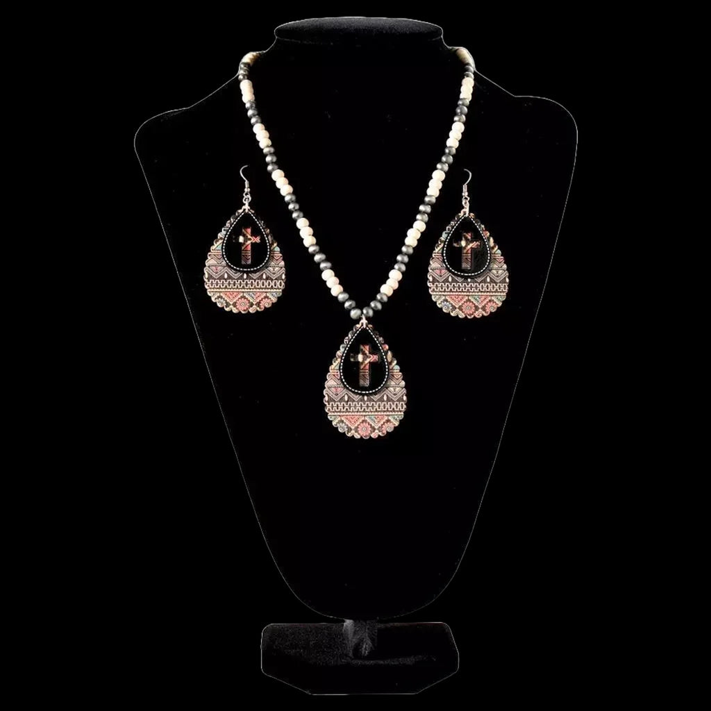 Full view of Western Beaded Cross Cutout Earring & Necklace Set