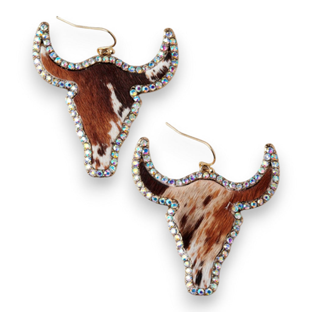 Silver Strike Women's Speckled Calf Hair Longhorn Crystal Edge Earrings