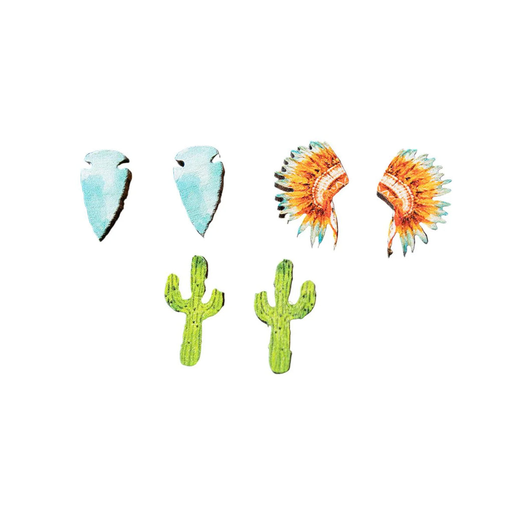 3-piece wooden earring set. Top left is blue arrow head studs, top right is Indian headdress studs, and bottom pair is green cactus studs. 