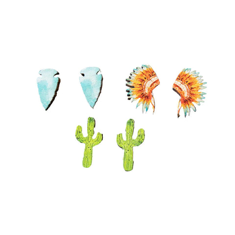 3-piece wooden earring set. Top left is blue arrow head studs, top right is Indian headdress studs, and bottom pair is green cactus studs. 