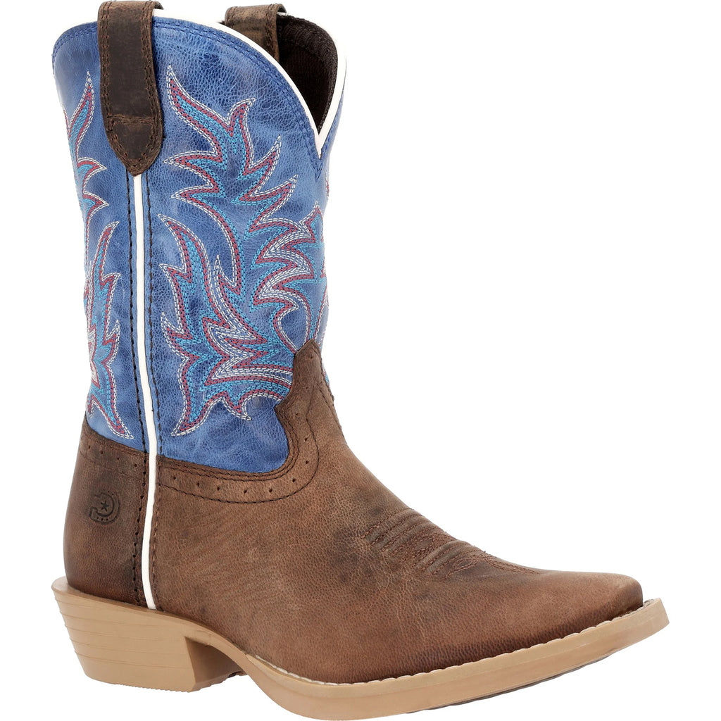 Side view of the blue shyloh cutter toe boots.