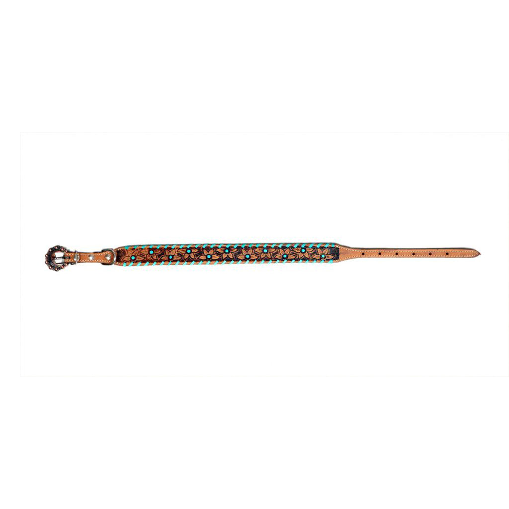 Showman Couture Genuine leather dog collar with teal rawhide