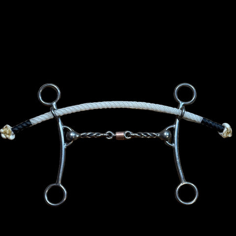Duke shank with rope noseband and twisted wire mouthpiece with copper dogbone.