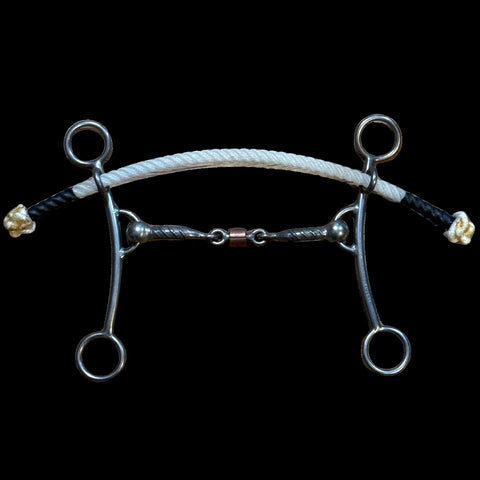 Duke shank with rope noseband and rebar mouthpiece with copper dogbone.