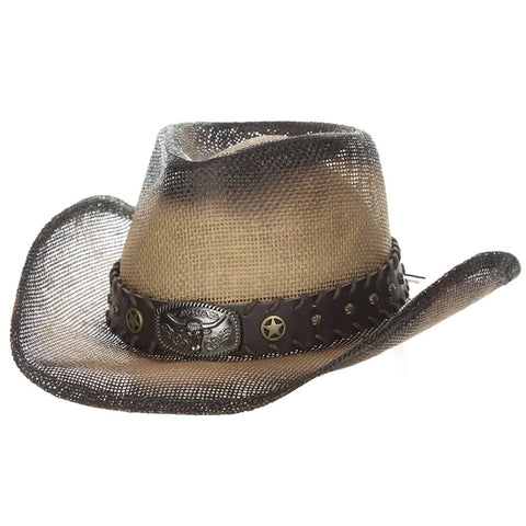 Whiskey Matte Western with 3 3/4 in Brim Vegan Leather Band, Conchos Elasticized Sweatband 