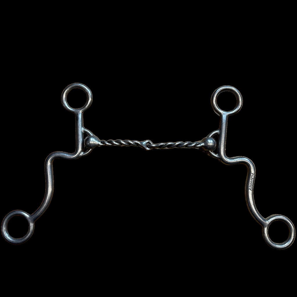 Dolly shank with twisted wire mouthpiece on a black background.