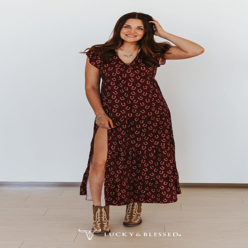 Deep Wine Horse Shoe Short Sleeve Ruffle Cap Tier Dress