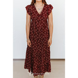 Deep Wine Horse Shoe Short Sleeve Ruffle Cap Tier Dress Close up