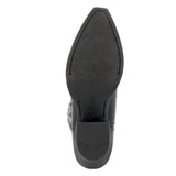 Women's polished 13" solid black western boot showing the sole of the boot