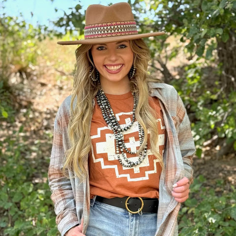 women's heather autumn t-shirt with bold white Aztec Pattern