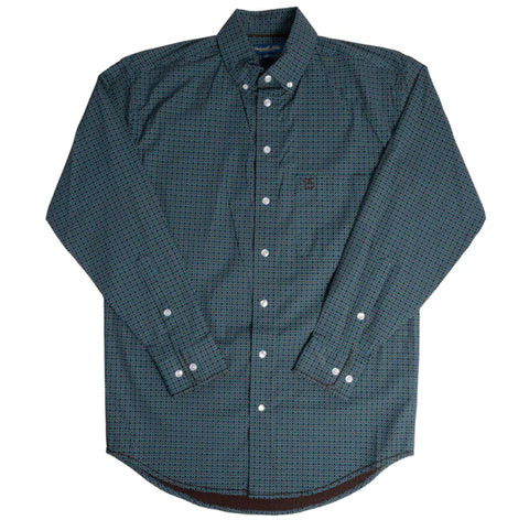 Flat lay picture of men's peacock blue button down long sleeve shirt that features a small square geometric print. 