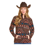 Model wearing the Chocolate Aztec Berber Pullover, standing front‑facing to show the soft Berber fleece and bold Aztec pattern
