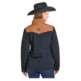 Panhandle Women's Puffer Jacket In Black & Brown Two Tone Color Back View