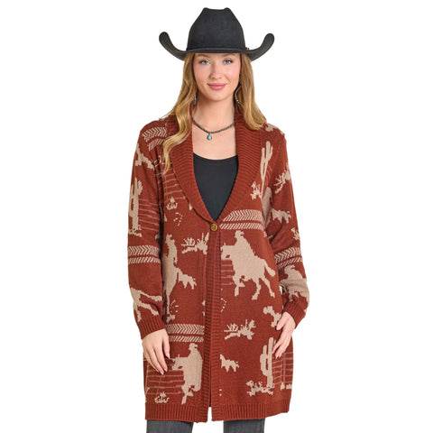 Brown Cowboy Print Button Cardigan