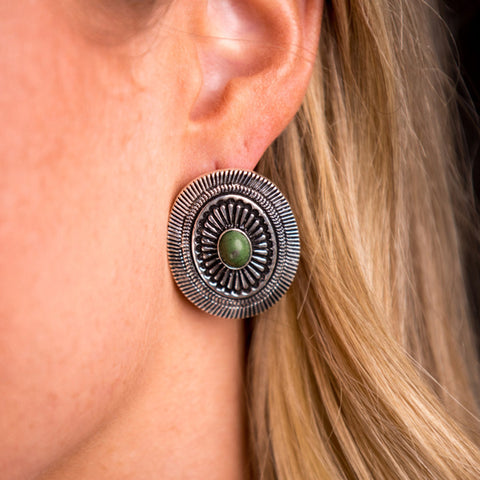 West & Co Silver Oval Concho with Green Accent Post Earrings 