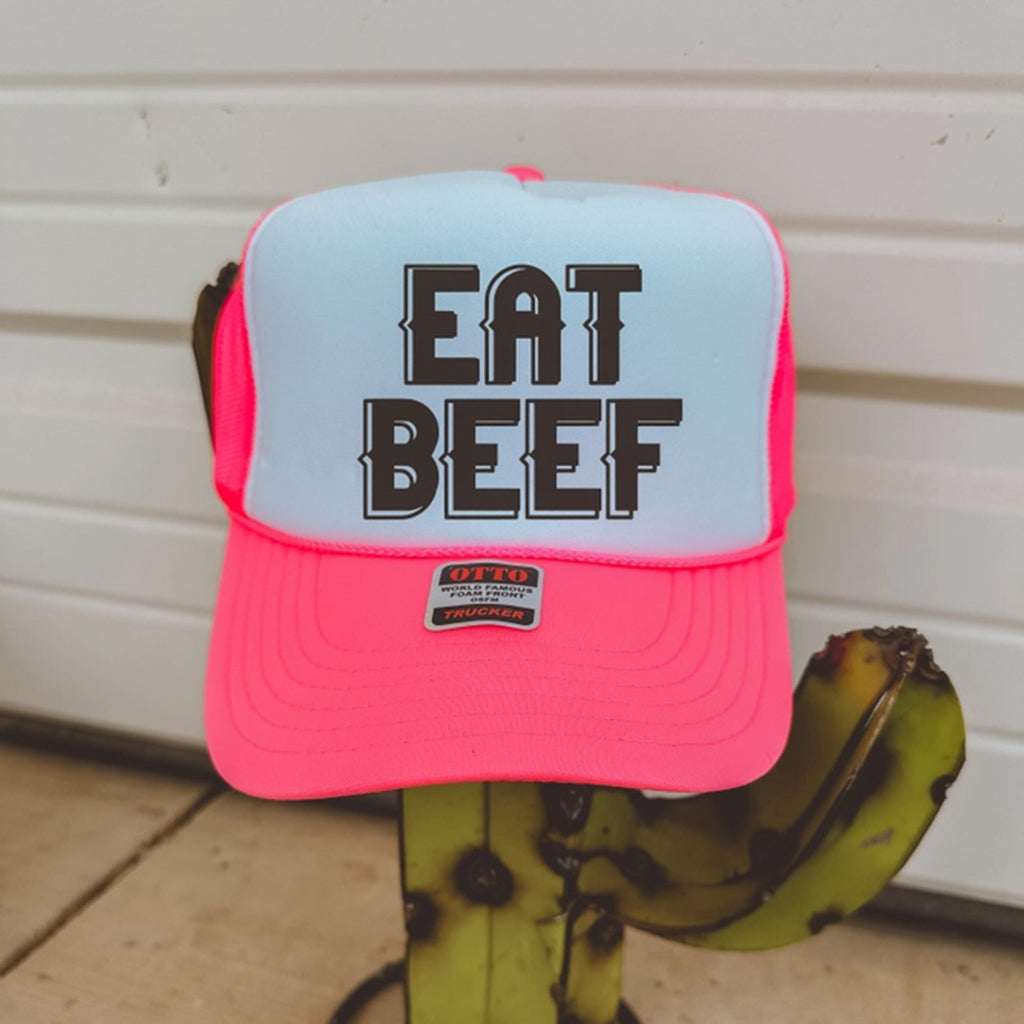 Hot Pink Ballcap with Eat Beef on White Background