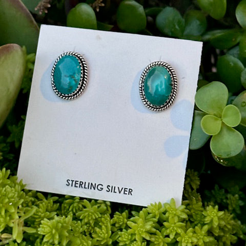 Red Skin Turquoise Oval Studs with Sterling Rope boarder. 