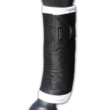 Black protective leg wrap on a horse mannequin leg with 'Equisential' branding.