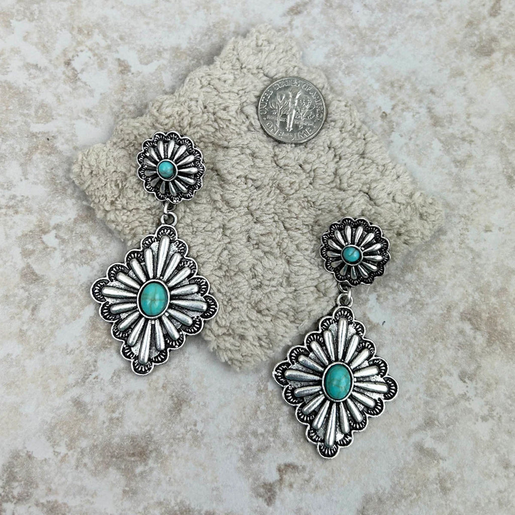 Diamond Concho & Turquoise Stone Drop Earrings 