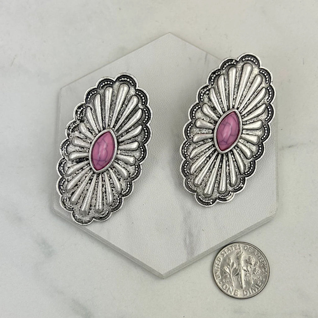 Pink Stone Oblong Concho Stud Earrings 
