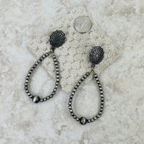 Antiqued Silver Concho & Navajo Pearl Hoops 