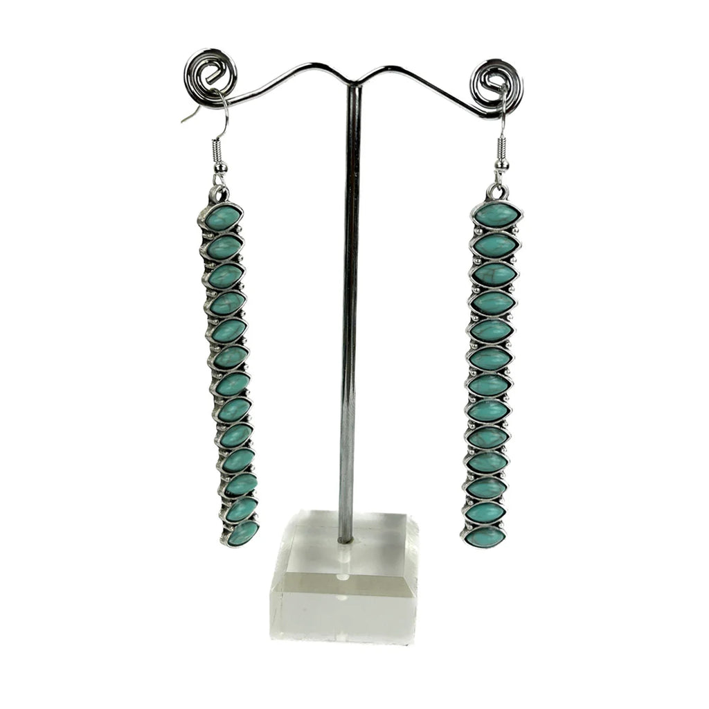 Long Silver & Turquoise Stacked Dangle Earrings 