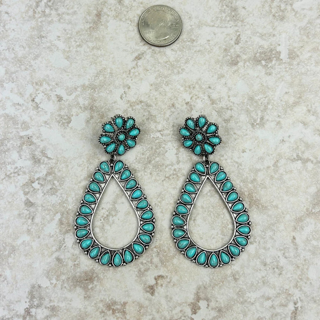Close view of Oblong Turquoise Squash Drop Earrings 