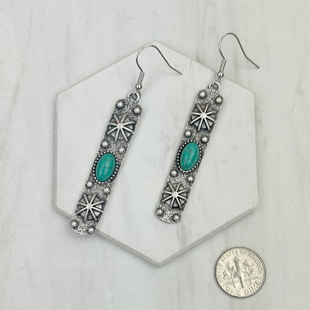 Long Rectangle Silver Accent & Turquoise Dangle Earrings 