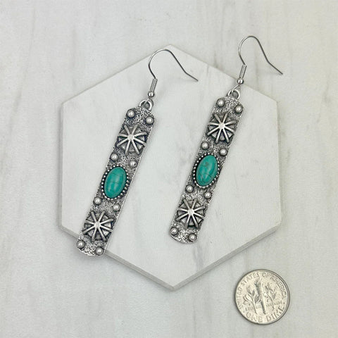 Long Rectangle Silver Accent & Turquoise Dangle Earrings 