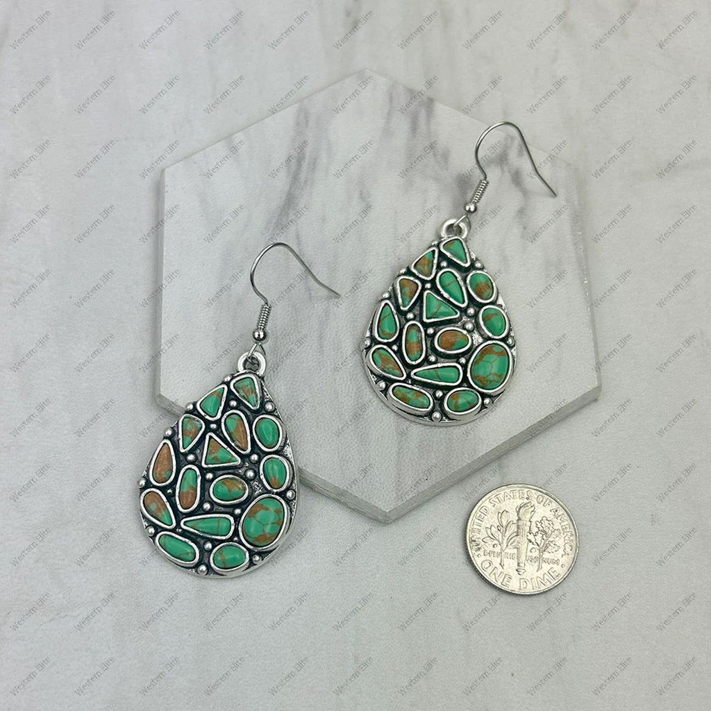 Green Stone Pieced Teardrop Earrings