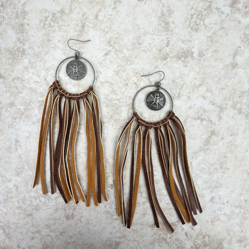 Thunderbird Leather Fringe Earrings 