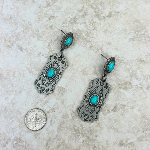 Turquoise & Antiqued Stamped Silver Earrings 