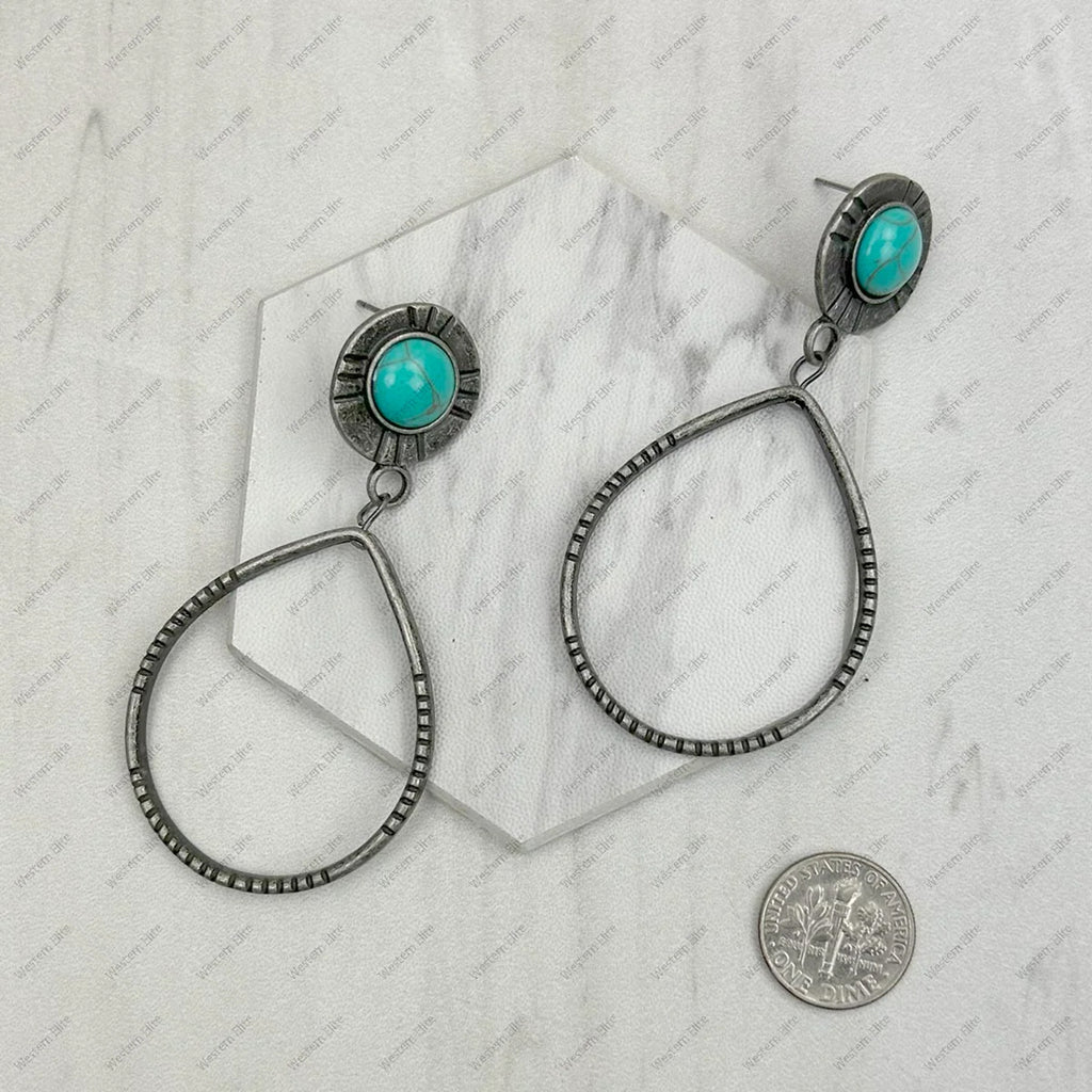 Antiqued Silver & Turquoise Stone Drop Hoops 