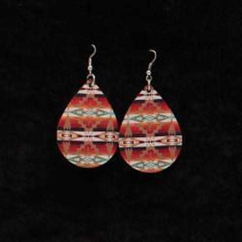 Full view of Wooden Aztec Pattern Teardrop Earrings 
