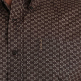 Cinch in brown thread, brown geometric print shirt, brown button 