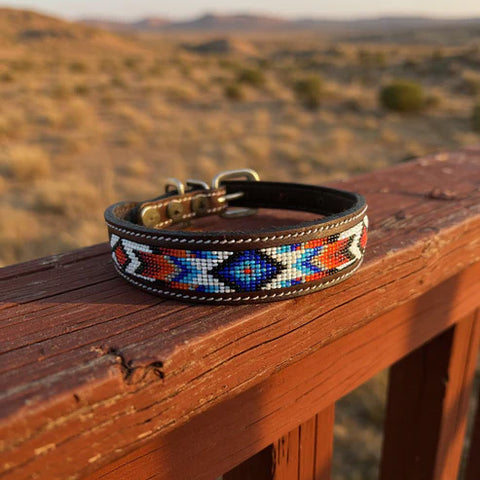 Leather dog collar with a geometric blue, black, white, red, and orange beads. 